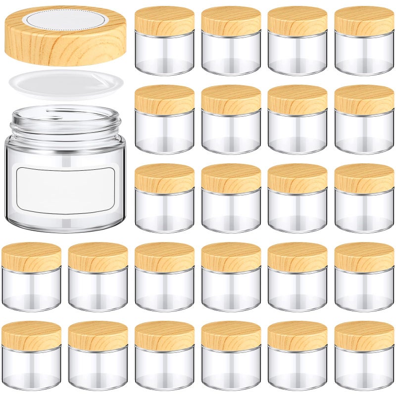 Layhit 24 Pcs Glass Jars with Lids Clear Small Jars with Woodgrain Lids  White Labels and Inner Liners Empty Round Cosmetic Containers for Creams Lotions Powder Ointments Candle Making(2 oz) - Image 1